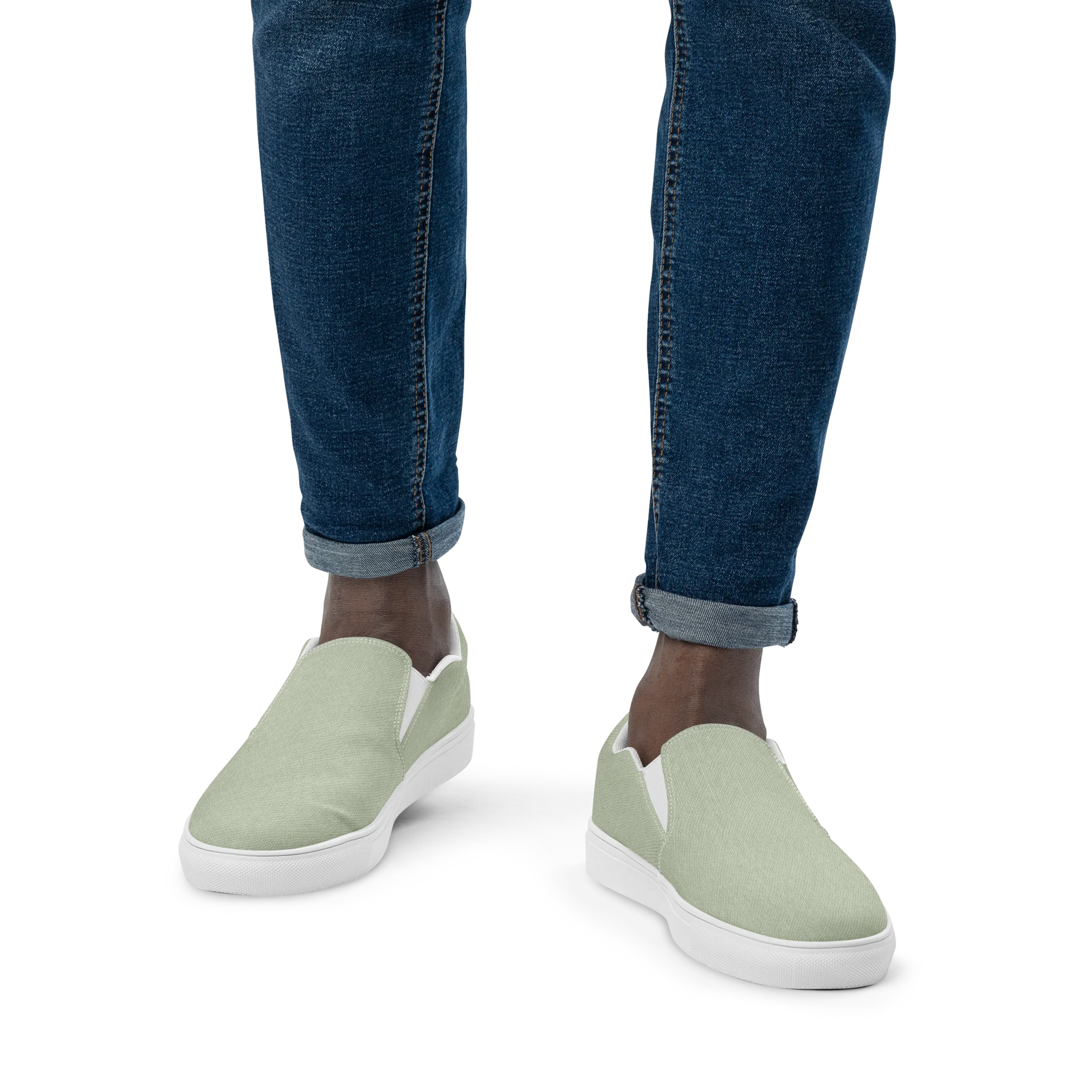 Made with a 100% polyester canvas upper, breathable lining, soft removable insole, elastic side accents, padded collar and tongue, and an EVA rubber outsole. Designed with a white sole and an easy slip-on silhouette. Finished with an all-over soft sage sublimation print that recreates the appearance of a subtle washed-fabric grain.