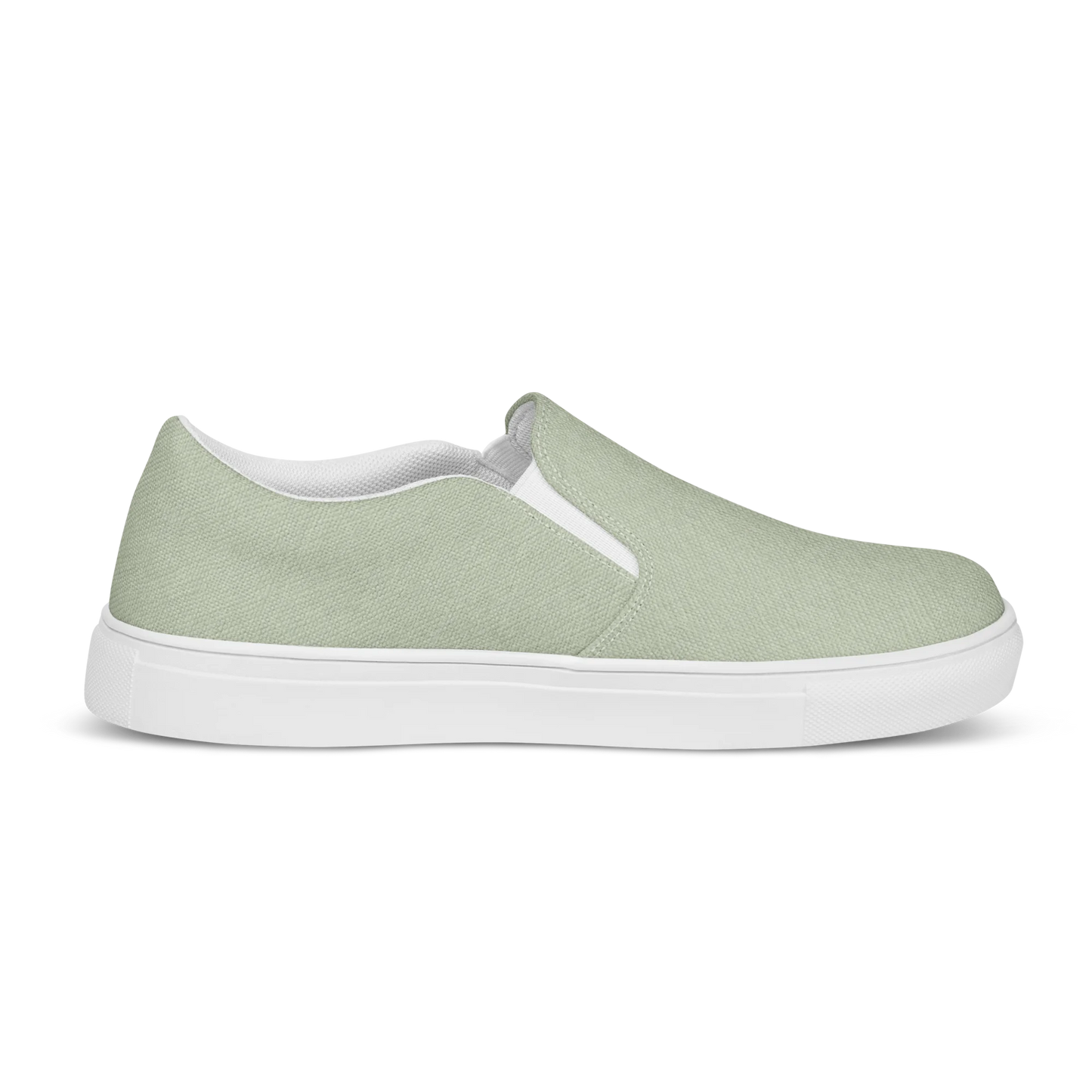 Made with a 100% polyester canvas upper, breathable lining, soft removable insole, elastic side accents, padded collar and tongue, and an EVA rubber outsole. Designed with a white sole and an easy slip-on silhouette. Finished with an all-over soft sage sublimation print that recreates the appearance of a subtle washed-fabric grain.
