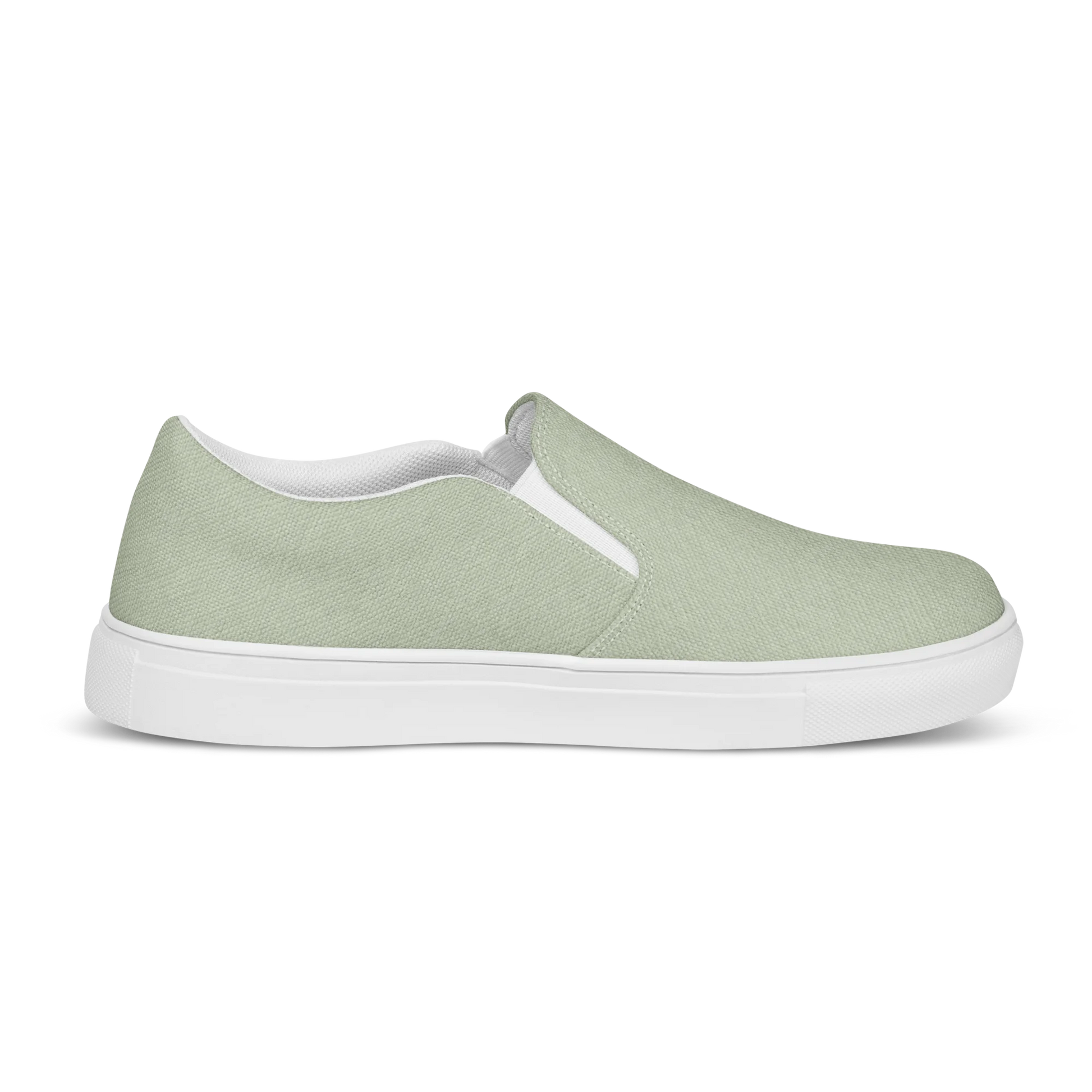 Made with a 100% polyester canvas upper, breathable lining, soft removable insole, elastic side accents, padded collar and tongue, and an EVA rubber outsole. Designed with a white sole and an easy slip-on silhouette. Finished with an all-over soft sage sublimation print that recreates the appearance of a subtle washed-fabric grain.