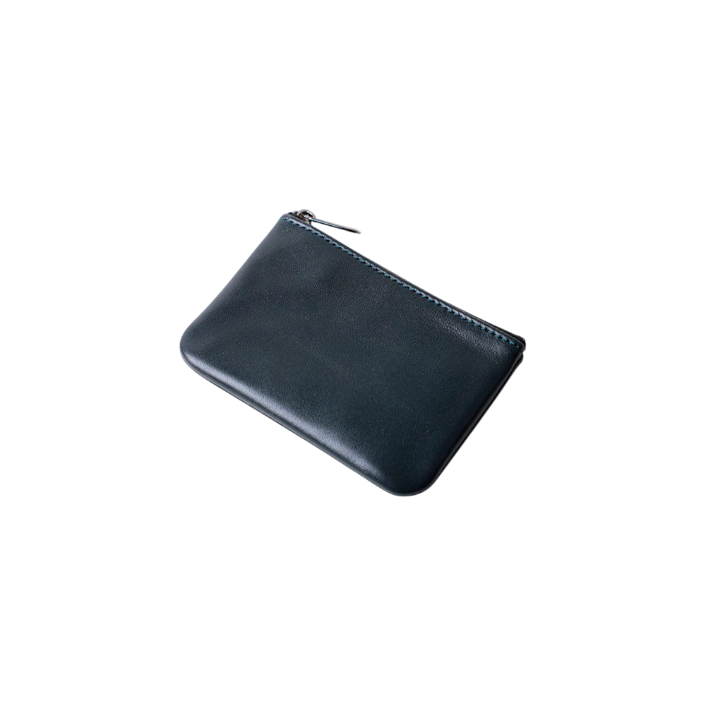 Black leather pouch with zipper on a white background