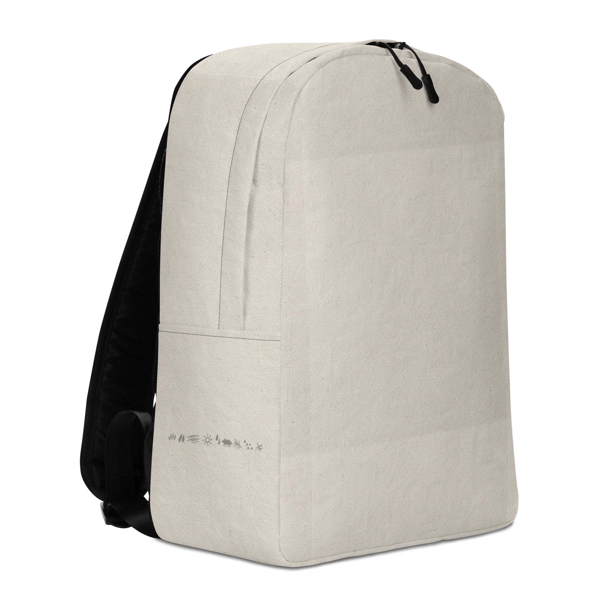 Made from 100% polyester with a water-resistant finish. Designed in one size with a 20-liter capacity, padded ergonomic straps, soft mesh back, silky lining, two-slider top zipper, large inside pocket with a separate 15″ laptop pocket, and a hidden zippered back pocket. Finished with an all-over washed canvas-inspired print and restrained ancient mark-inspired details along the lower side panel.