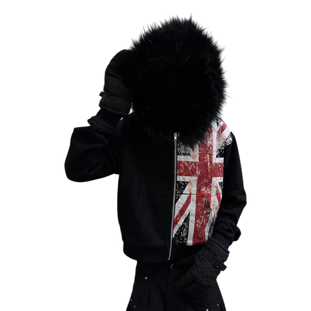 Oversized Cropped Zip Hoodie with Faux-Fur Hood-Le Couture Store