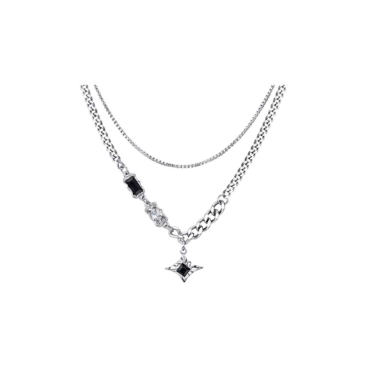 Two silver necklaces with star-shaped pendants on a white background