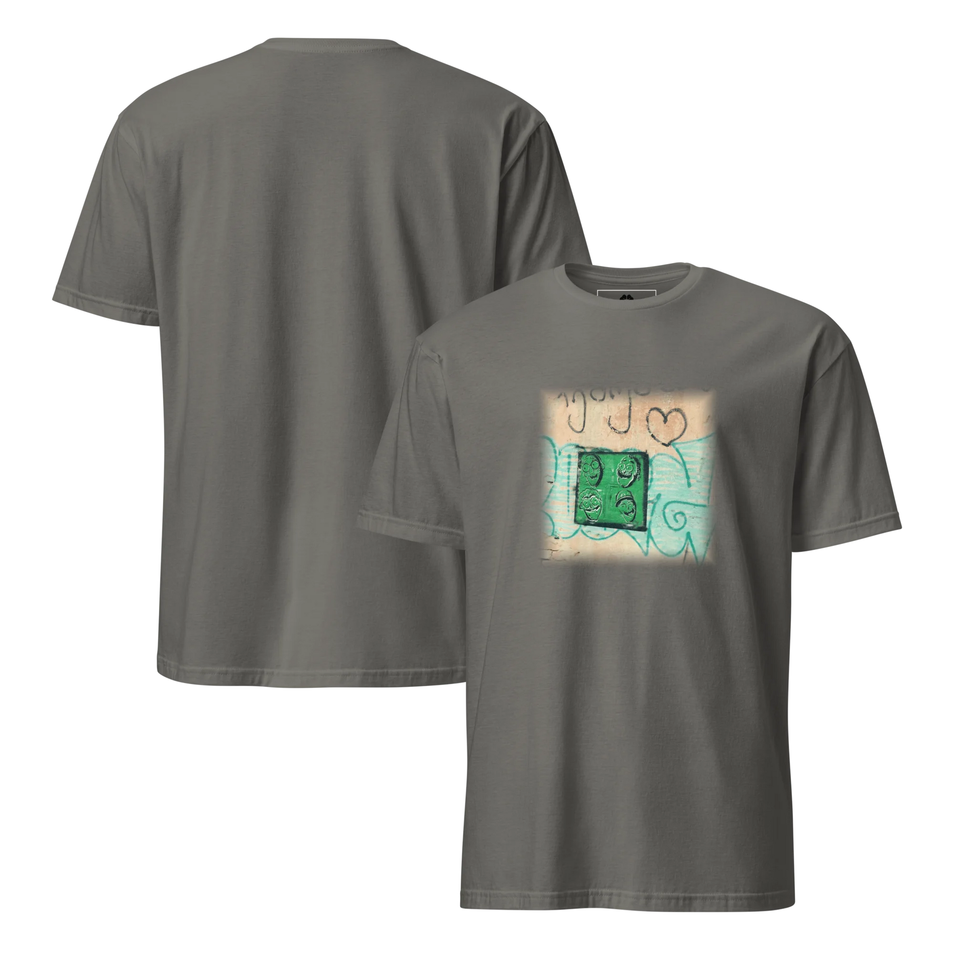 Made from 100% organic combed ring-spun cotton. Fabric weight: 5.3 oz/yd² (180 g/m²). Designed with a regular fit, set-in sleeves, 1×1 ribbed collar, double-needle topstitching on the sleeves and bottom hem, and self-fabric neck tape inside the back. Finished with a front DTG architectural print.