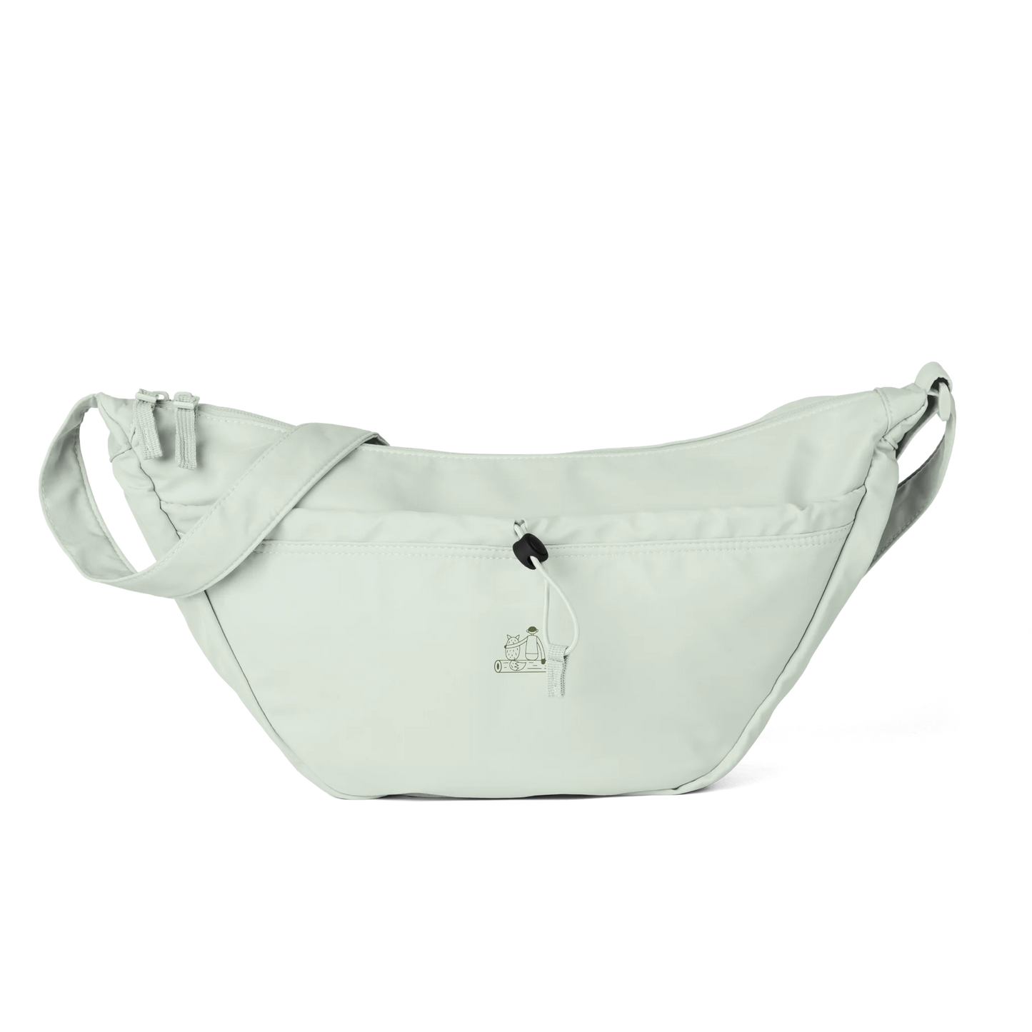 Made from 100% recycled polyester fabric. Designed in one size with a 12-liter capacity, water-repellent fabric, two-way zippered opening, external front pocket with cord adjuster, two internal padded slip pockets, and a self-fabric adjustable shoulder strap. Finished with a small front DTFlex travel icon print.
