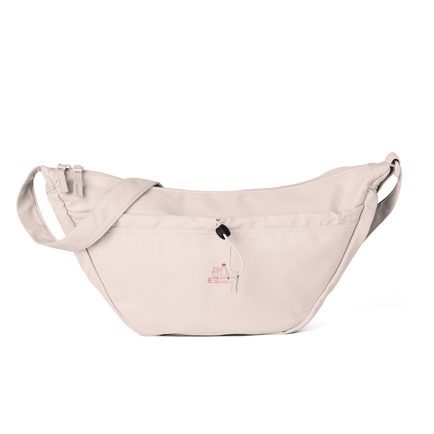 Made from 100% recycled polyester fabric. Designed in one size with a 12-liter capacity, water-repellent fabric, two-way zippered opening, external front pocket with cord adjuster, two internal padded slip pockets, and a self-fabric adjustable shoulder strap. Finished with a small front DTFlex travel icon print.