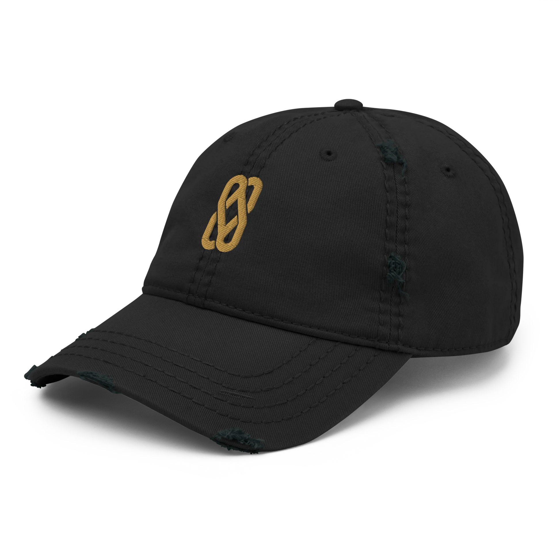 Made from 100% pre-shrunk cotton twill. Designed as an unstructured 6-panel cap with a low profile, soft crown, curved visor, six sewn eyelets, four stitched rows on the visor, seamed front panel without buckram, and adjustable hook-and-loop closure. The crown and visor feature distressed fabric detailing for a worn-in appearance. Finished with Old Gold Solstice Loop embroidery on the front.