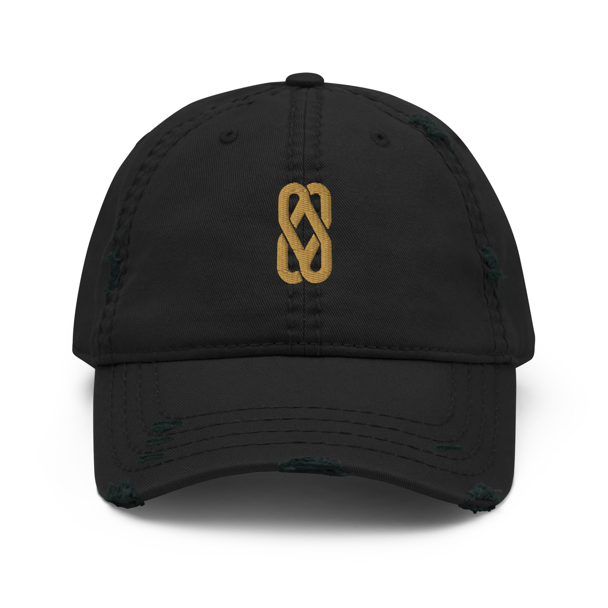 Made from 100% pre-shrunk cotton twill. Designed as an unstructured 6-panel cap with a low profile, soft crown, curved visor, six sewn eyelets, four stitched rows on the visor, seamed front panel without buckram, and adjustable hook-and-loop closure. The crown and visor feature distressed fabric detailing for a worn-in appearance. Finished with Old Gold Solstice Loop embroidery on the front.