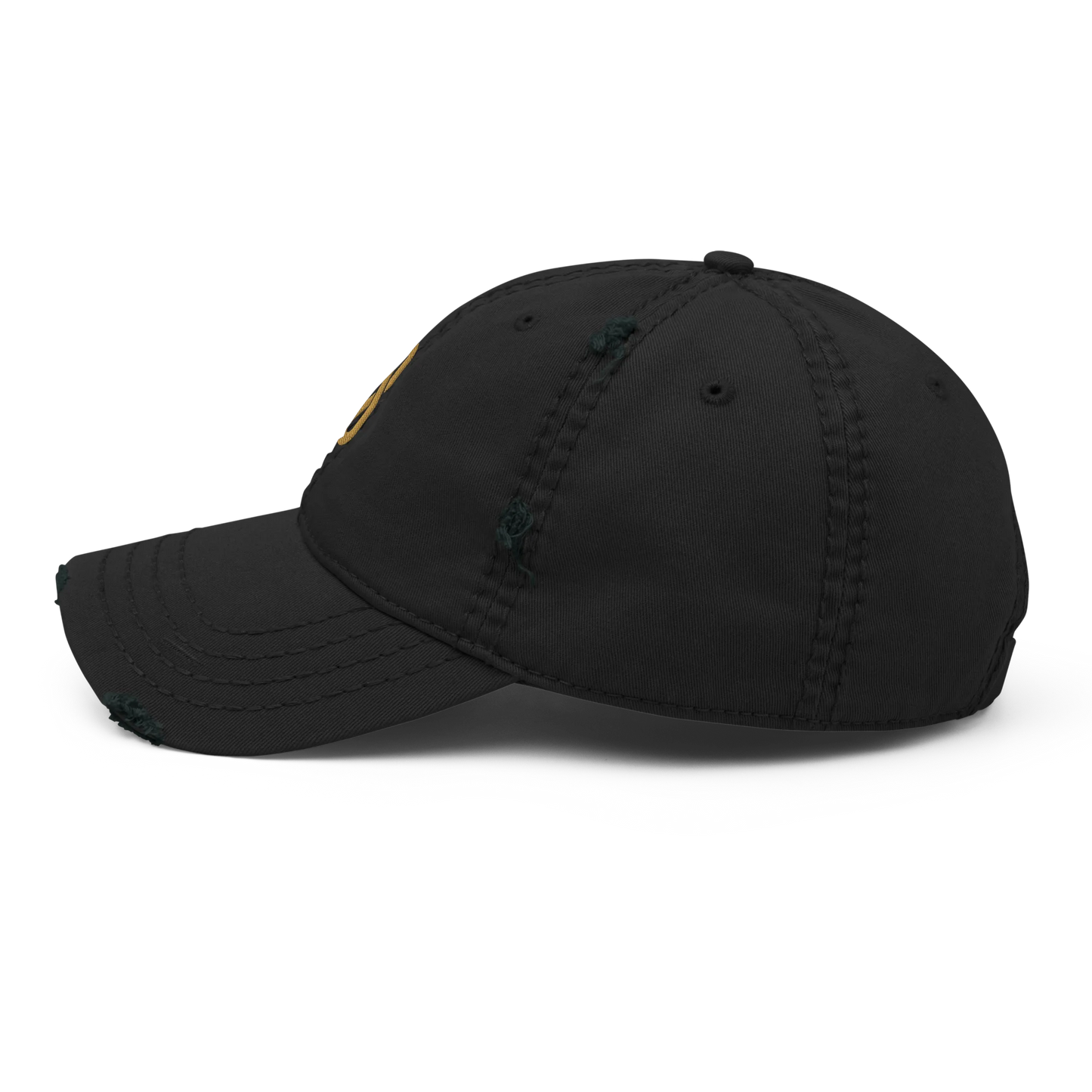 Made from 100% pre-shrunk cotton twill. Designed as an unstructured 6-panel cap with a low profile, soft crown, curved visor, six sewn eyelets, four stitched rows on the visor, seamed front panel without buckram, and adjustable hook-and-loop closure. The crown and visor feature distressed fabric detailing for a worn-in appearance. Finished with Old Gold Solstice Loop embroidery on the front.
