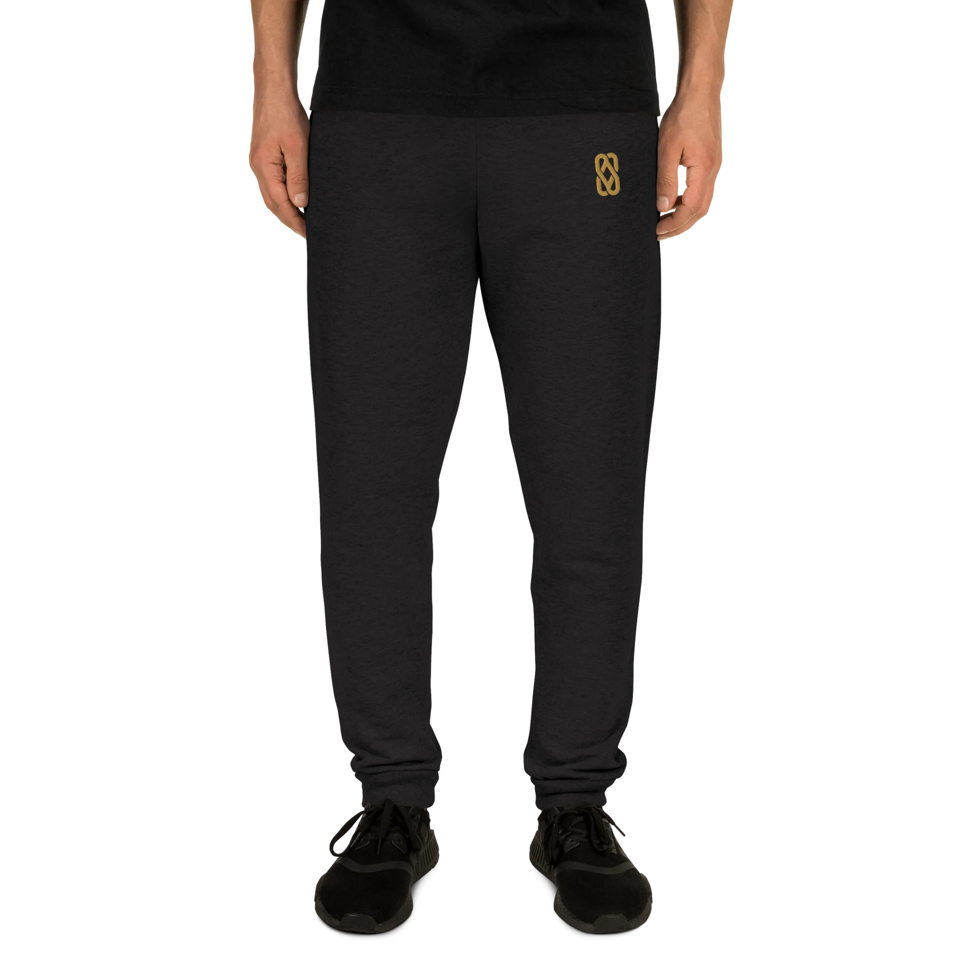 Made from pre-shrunk fleece: 60% cotton and 40% polyester. Fabric weight: 7.2 oz/yd² (244 g/m²). Designed with a tapered fit, elastic waistband, external drawcord, lower front rise, longer back rise, and 1×1 rib cuffs with spandex for stretch and recovery. Finished with front embroidery in old-gold thread.