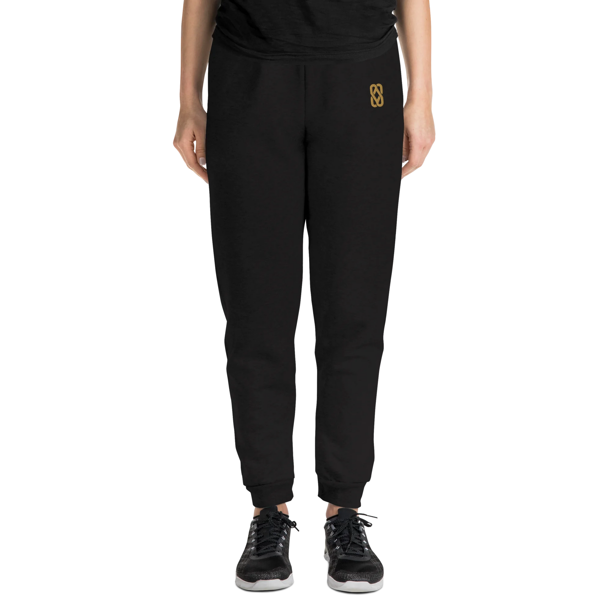Made from pre-shrunk fleece: 60% cotton and 40% polyester. Fabric weight: 7.2 oz/yd² (244 g/m²). Designed with a tapered fit, elastic waistband, external drawcord, lower front rise, longer back rise, and 1×1 rib cuffs with spandex for stretch and recovery. Finished with front embroidery in old-gold thread.