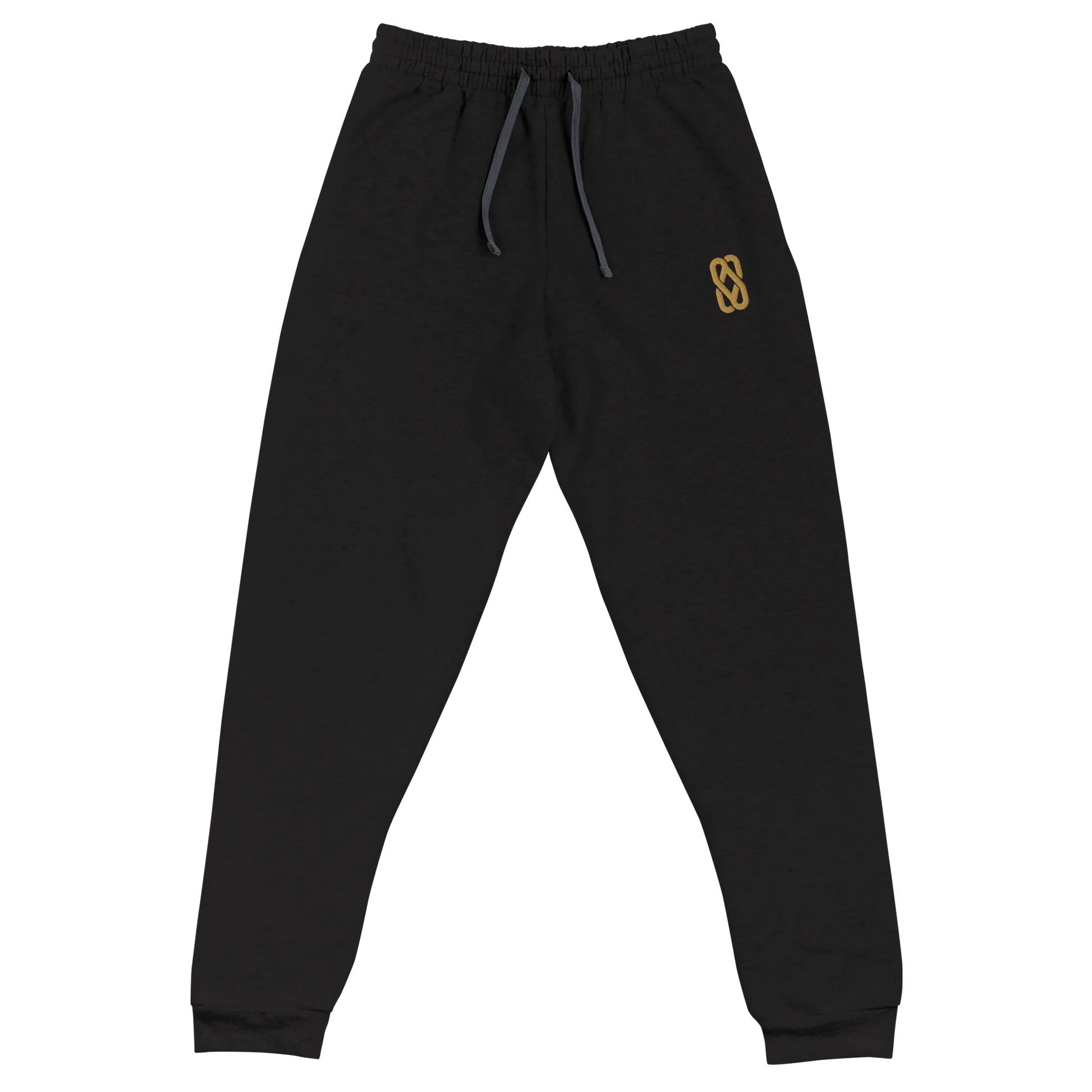 Made from pre-shrunk fleece: 60% cotton and 40% polyester. Fabric weight: 7.2 oz/yd² (244 g/m²). Designed with a tapered fit, elastic waistband, external drawcord, lower front rise, longer back rise, and 1×1 rib cuffs with spandex for stretch and recovery. Finished with front embroidery in old-gold thread.