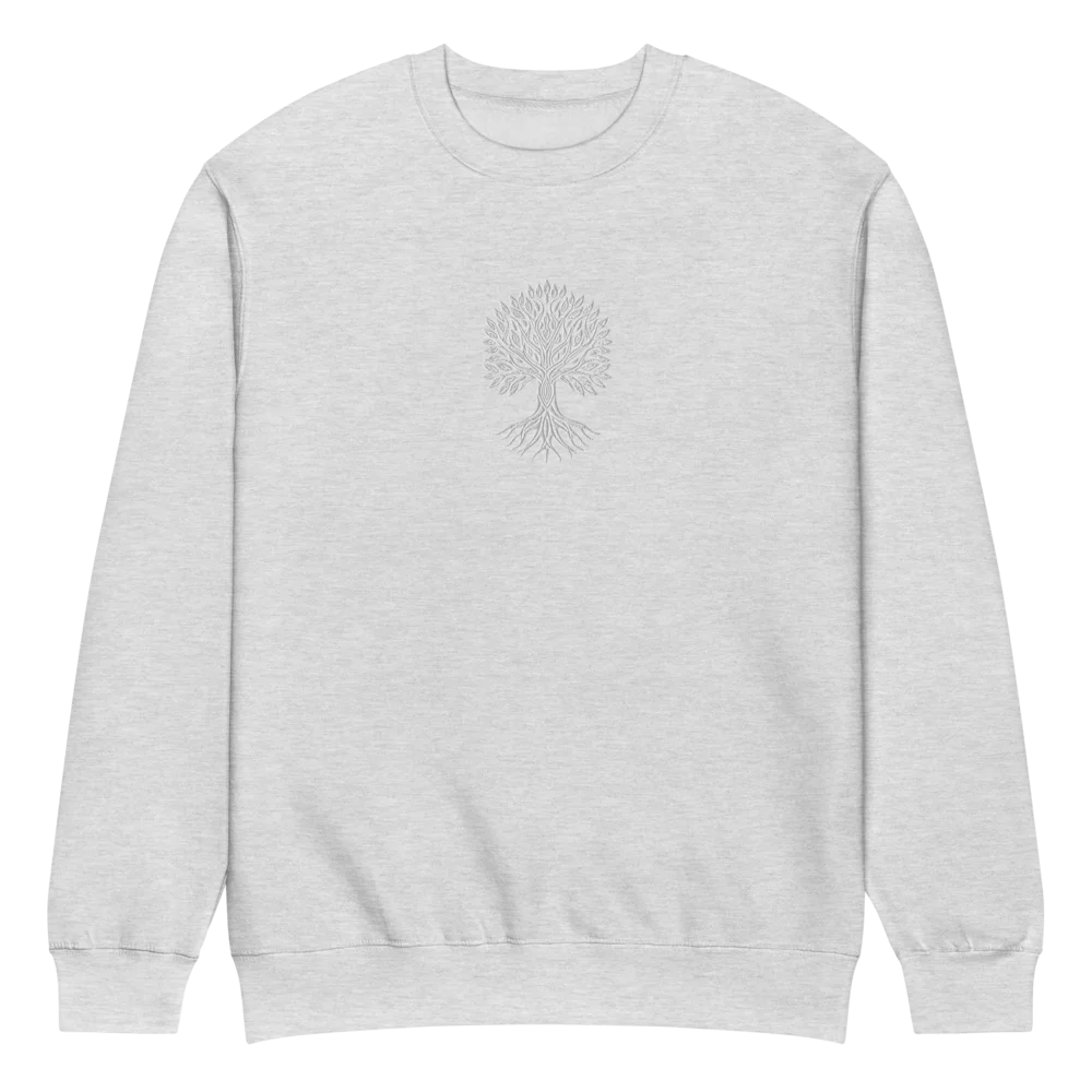 Made from a cotton-blend fleece: 70% cotton and 30% recycled polyester, with a 100% cotton face. Fabric weight: 8.25 oz/yd² (280 g/m²). Designed with a regular fit, 3-end fleece fabric, double-needle topstitching on all seams, 1×1 ribbing at the cuffs and waistband, twill neck tape, a tear-away tag, and under 5% shrinkage. Finished with large front tree embroidery in white thread.