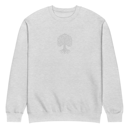 Made from a cotton-blend fleece: 70% cotton and 30% recycled polyester, with a 100% cotton face. Fabric weight: 8.25 oz/yd² (280 g/m²). Designed with a regular fit, 3-end fleece fabric, double-needle topstitching on all seams, 1×1 ribbing at the cuffs and waistband, twill neck tape, a tear-away tag, and under 5% shrinkage. Finished with large front tree embroidery in white thread.