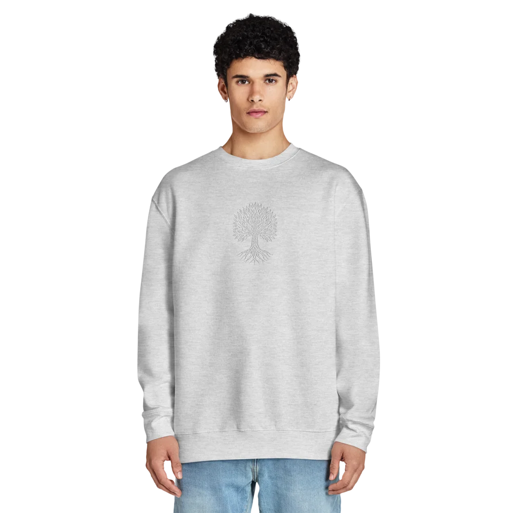 Made from a cotton-blend fleece: 70% cotton and 30% recycled polyester, with a 100% cotton face. Fabric weight: 8.25 oz/yd² (280 g/m²). Designed with a regular fit, 3-end fleece fabric, double-needle topstitching on all seams, 1×1 ribbing at the cuffs and waistband, twill neck tape, a tear-away tag, and under 5% shrinkage. Finished with large front tree embroidery in white thread.