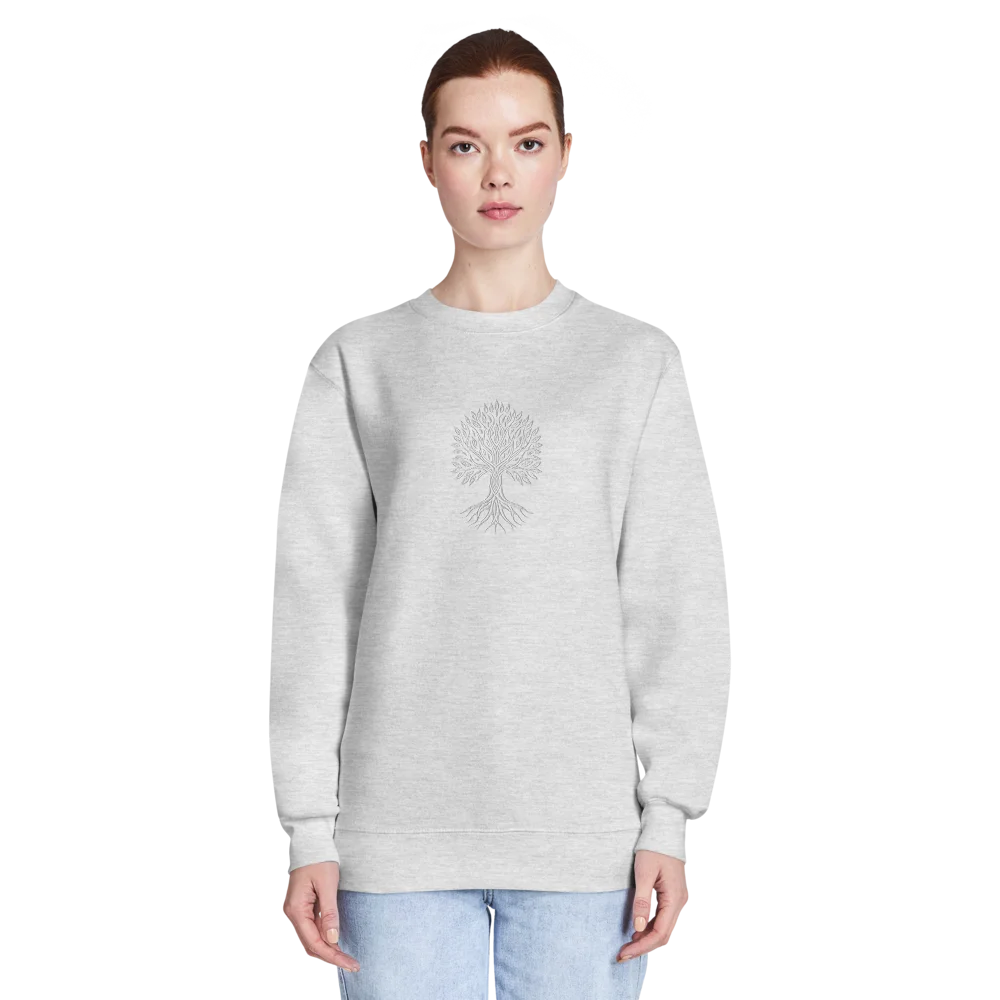Made from a cotton-blend fleece: 70% cotton and 30% recycled polyester, with a 100% cotton face. Fabric weight: 8.25 oz/yd² (280 g/m²). Designed with a regular fit, 3-end fleece fabric, double-needle topstitching on all seams, 1×1 ribbing at the cuffs and waistband, twill neck tape, a tear-away tag, and under 5% shrinkage. Finished with large front tree embroidery in white thread.