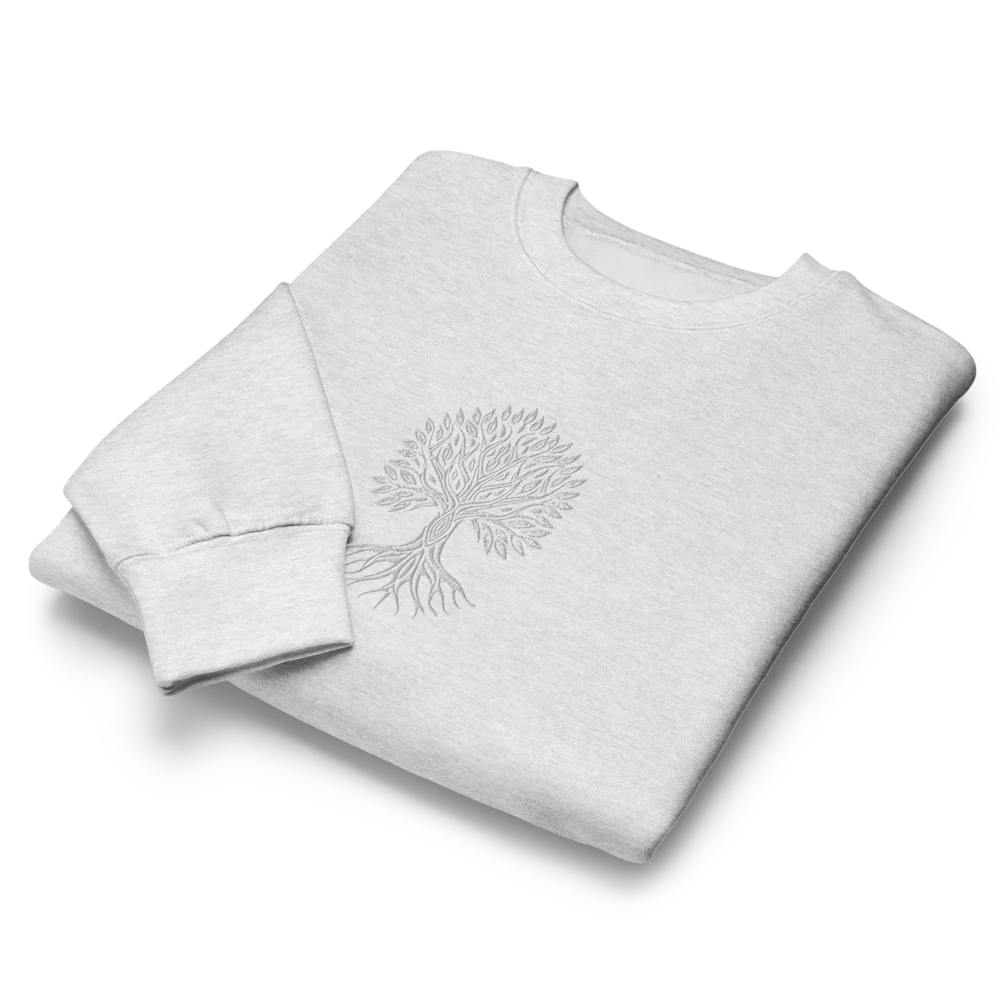 Made from a cotton-blend fleece: 70% cotton and 30% recycled polyester, with a 100% cotton face. Fabric weight: 8.25 oz/yd² (280 g/m²). Designed with a regular fit, 3-end fleece fabric, double-needle topstitching on all seams, 1×1 ribbing at the cuffs and waistband, twill neck tape, a tear-away tag, and under 5% shrinkage. Finished with large front tree embroidery in white thread.