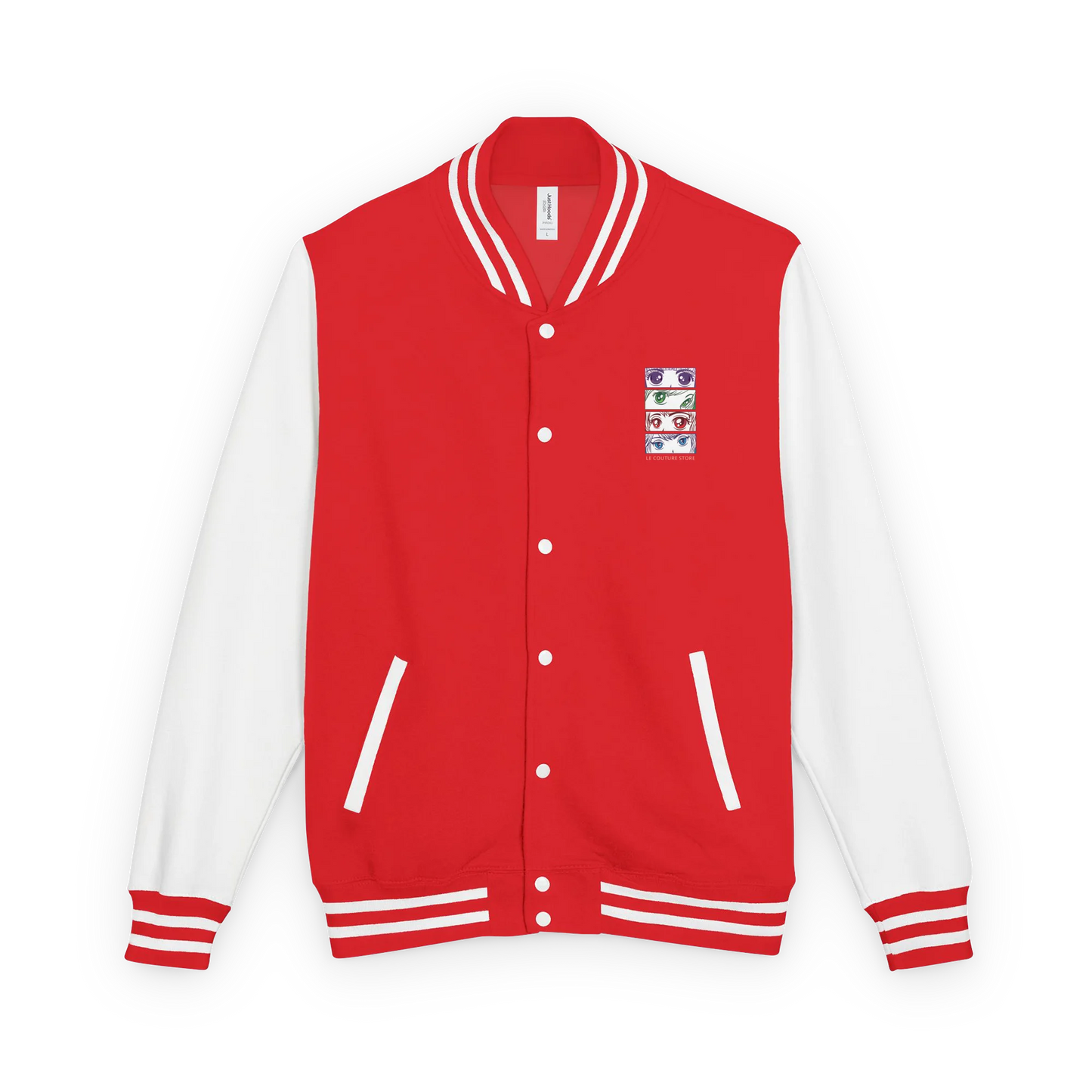 Made from a heavyweight fabric blend: 80% ring-spun cotton and 20% polyester. Fabric weight: 9.73 oz/yd² (330 g/m²). Designed with a regular fit, contrast sleeves, snap-button closure, brushed fleece interior, knitted collar, cuffs, and waistband, slash pockets, and a sewn-in label. Finished with a left-chest DTF graphic print. Optional text personalization is available for this item.