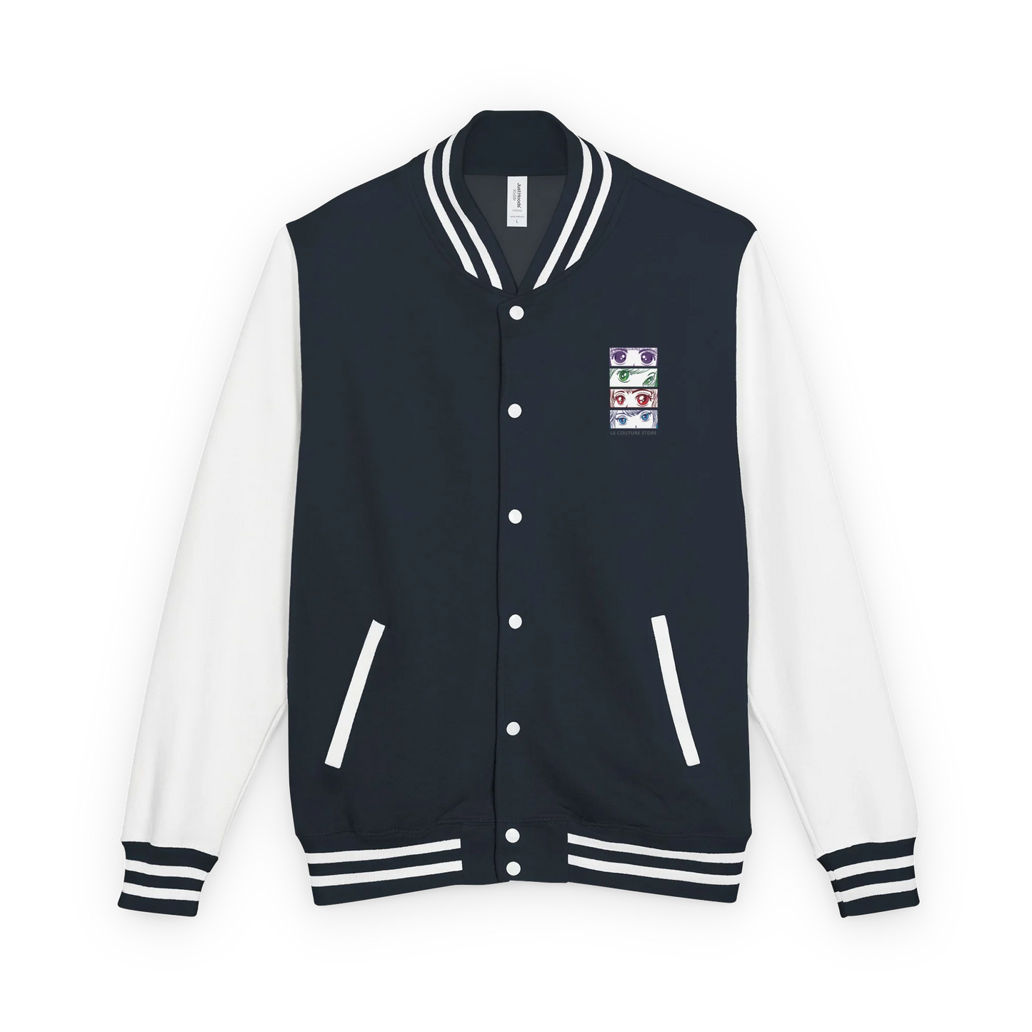 Made from a heavyweight fabric blend: 80% ring-spun cotton and 20% polyester. Fabric weight: 9.73 oz/yd² (330 g/m²). Designed with a regular fit, contrast sleeves, snap-button closure, brushed fleece interior, knitted collar, cuffs, and waistband, slash pockets, and a sewn-in label. Finished with a left-chest DTF graphic print. Optional text personalization is available for this item.