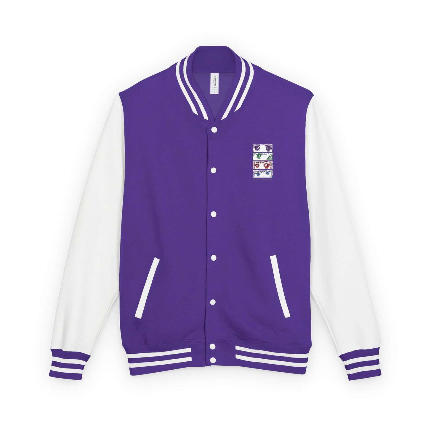 Made from a heavyweight fabric blend: 80% ring-spun cotton and 20% polyester. Fabric weight: 9.73 oz/yd² (330 g/m²). Designed with a regular fit, contrast sleeves, snap-button closure, brushed fleece interior, knitted collar, cuffs, and waistband, slash pockets, and a sewn-in label. Finished with a left-chest DTF graphic print. Optional text personalization is available for this item.