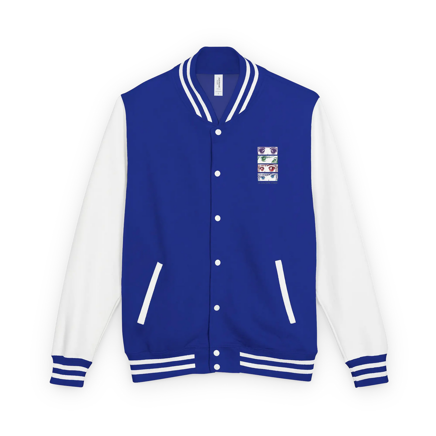 Made from a heavyweight fabric blend: 80% ring-spun cotton and 20% polyester. Fabric weight: 9.73 oz/yd² (330 g/m²). Designed with a regular fit, contrast sleeves, snap-button closure, brushed fleece interior, knitted collar, cuffs, and waistband, slash pockets, and a sewn-in label. Finished with a left-chest DTF graphic print. Optional text personalization is available for this item.