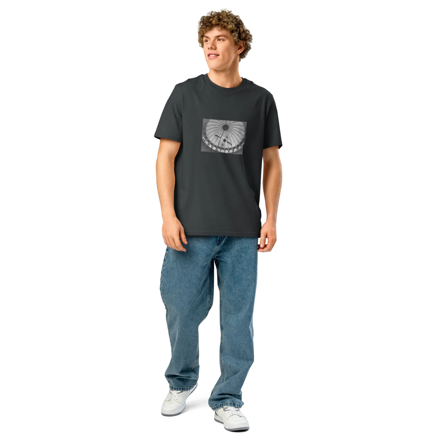 Made from 100% organic combed ring-spun cotton. Fabric weight: 5.3 oz/yd² (180 g/m²). Designed with a regular fit, set-in sleeves, 1×1 ribbed collar, double-needle topstitching on the sleeves and bottom hem, and self-fabric neck tape inside the back. Finished with a front DTG architectural print and a custom inside label.