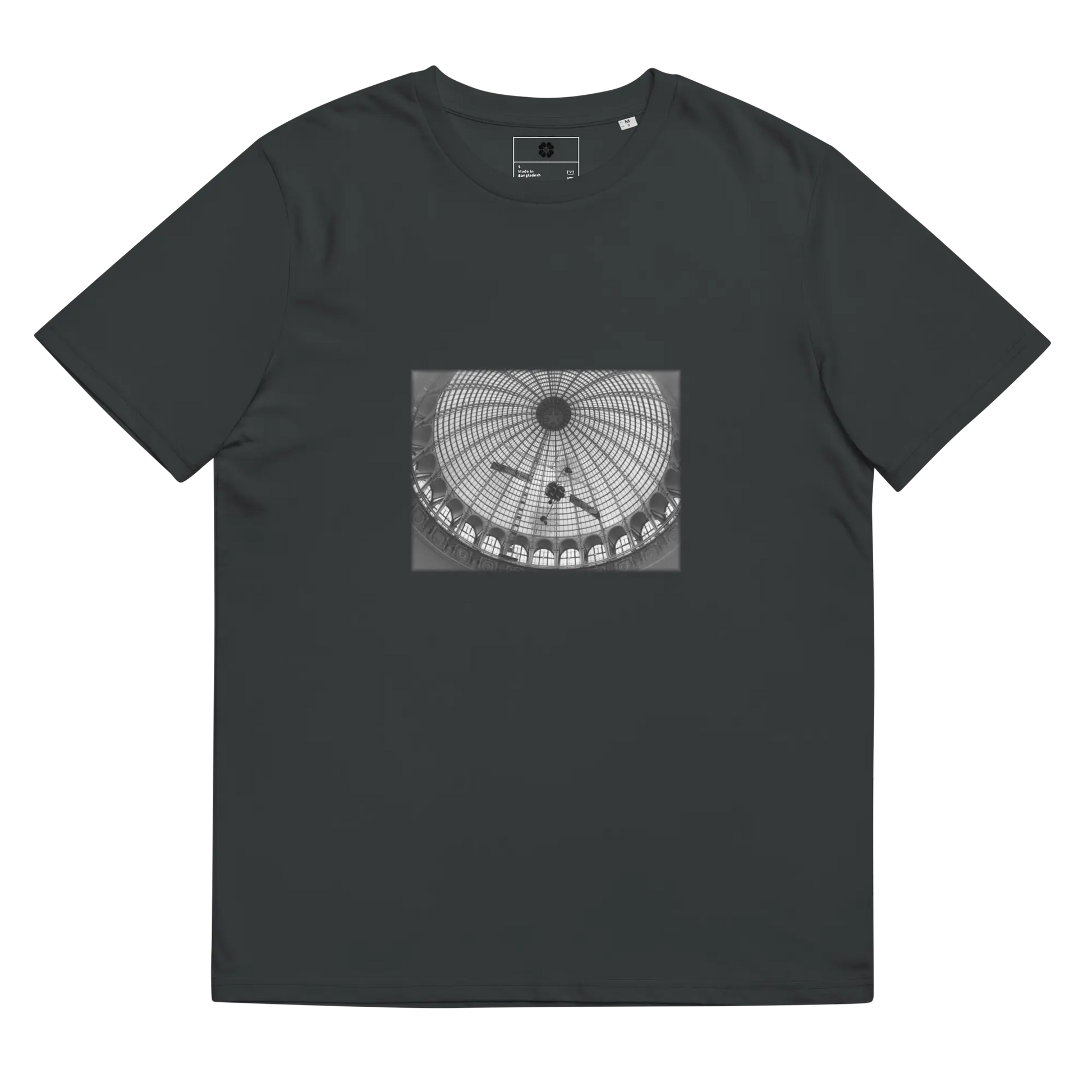 Made from 100% organic combed ring-spun cotton. Fabric weight: 5.3 oz/yd² (180 g/m²). Designed with a regular fit, set-in sleeves, 1×1 ribbed collar, double-needle topstitching on the sleeves and bottom hem, and self-fabric neck tape inside the back. Finished with a front DTG architectural print and a custom inside label.