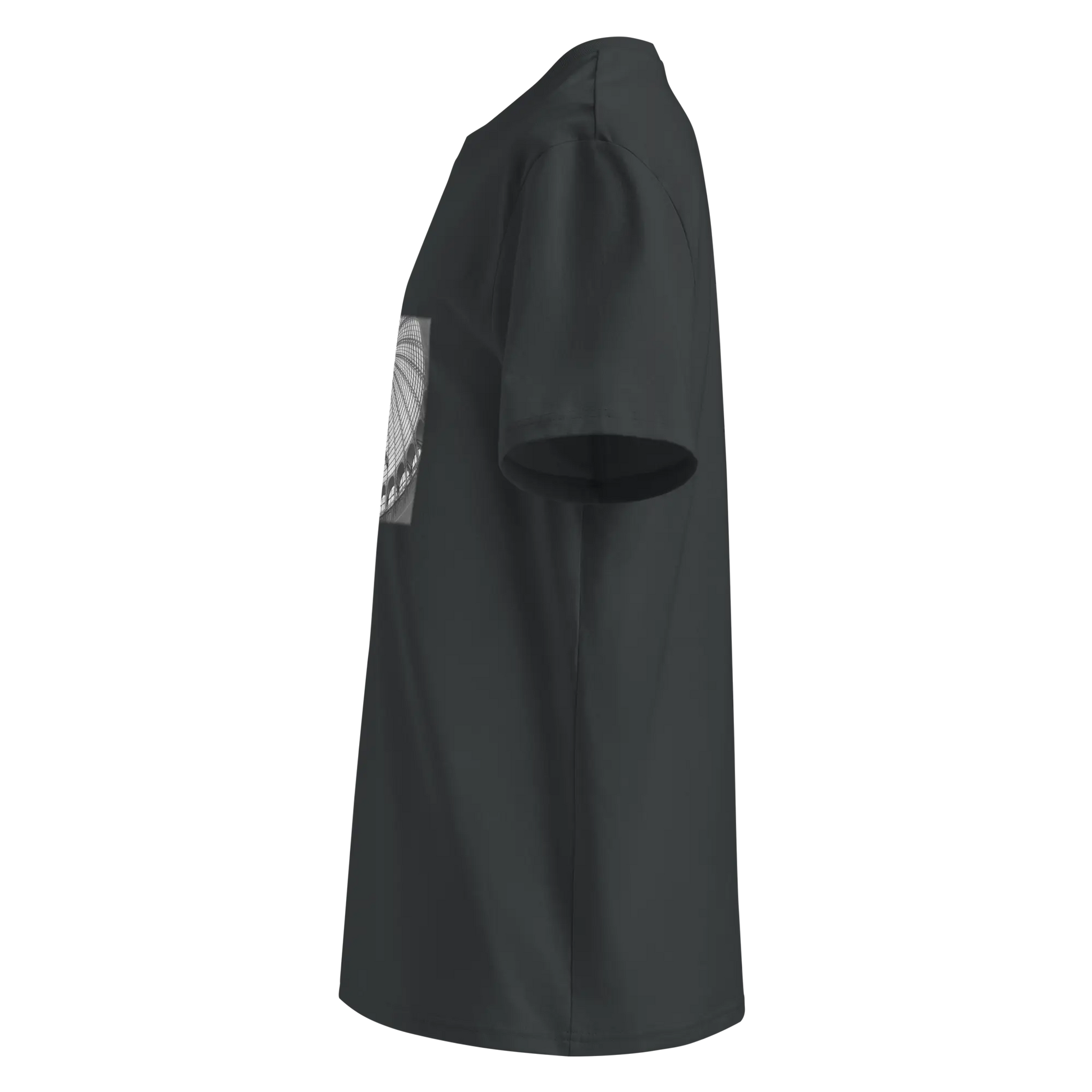 Made from 100% organic combed ring-spun cotton. Fabric weight: 5.3 oz/yd² (180 g/m²). Designed with a regular fit, set-in sleeves, 1×1 ribbed collar, double-needle topstitching on the sleeves and bottom hem, and self-fabric neck tape inside the back. Finished with a front DTG architectural print and a custom inside label.