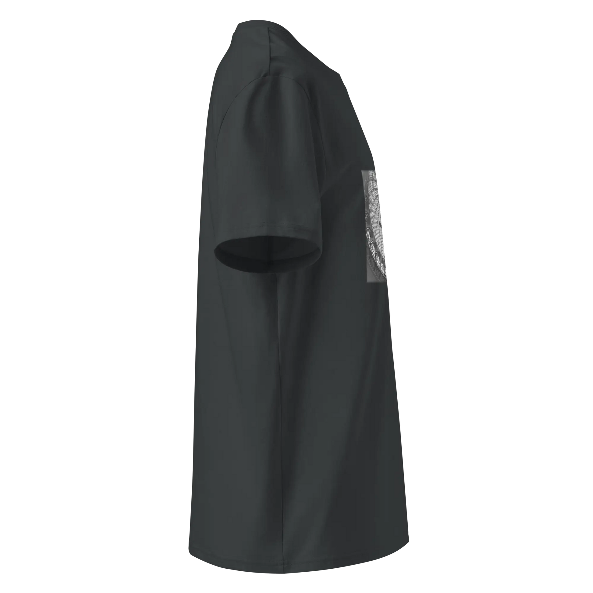 Made from 100% organic combed ring-spun cotton. Fabric weight: 5.3 oz/yd² (180 g/m²). Designed with a regular fit, set-in sleeves, 1×1 ribbed collar, double-needle topstitching on the sleeves and bottom hem, and self-fabric neck tape inside the back. Finished with a front DTG architectural print and a custom inside label.