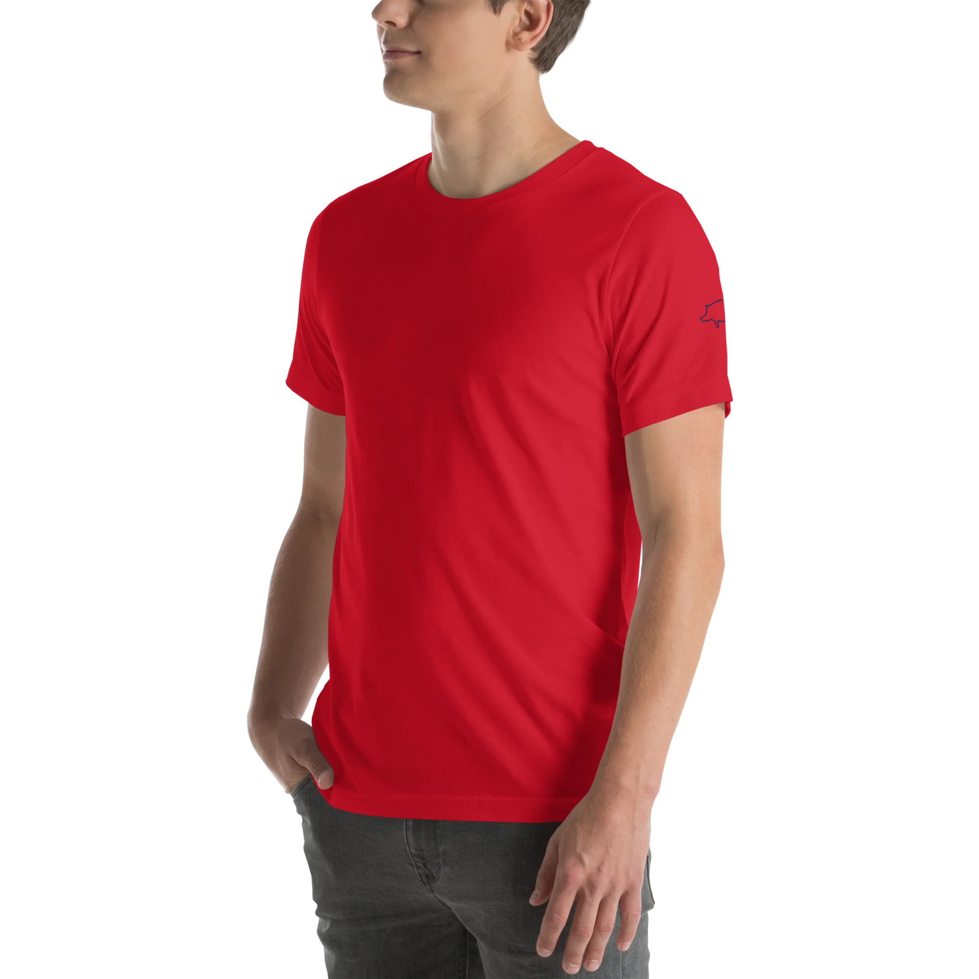 Made from soft, lightweight 100% Airlume combed and ring-spun cotton with just the right amount of stretch. Fabric weight: 4.2 oz/yd² (142 g/m²). Designed with a regular fit, standard length, side-seamed construction, shoulder-to-shoulder taping, pre-shrunk fabric, and a tear-away label. Finished with navy pig silhouette embroidery on the left sleeve.