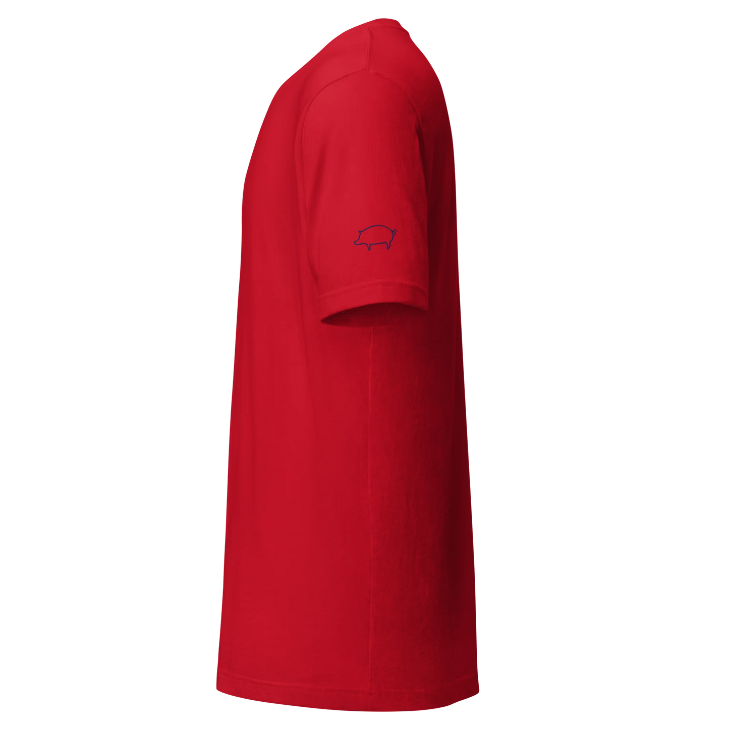 Made from soft, lightweight 100% Airlume combed and ring-spun cotton with just the right amount of stretch. Fabric weight: 4.2 oz/yd² (142 g/m²). Designed with a regular fit, standard length, side-seamed construction, shoulder-to-shoulder taping, pre-shrunk fabric, and a tear-away label. Finished with navy pig silhouette embroidery on the left sleeve.
