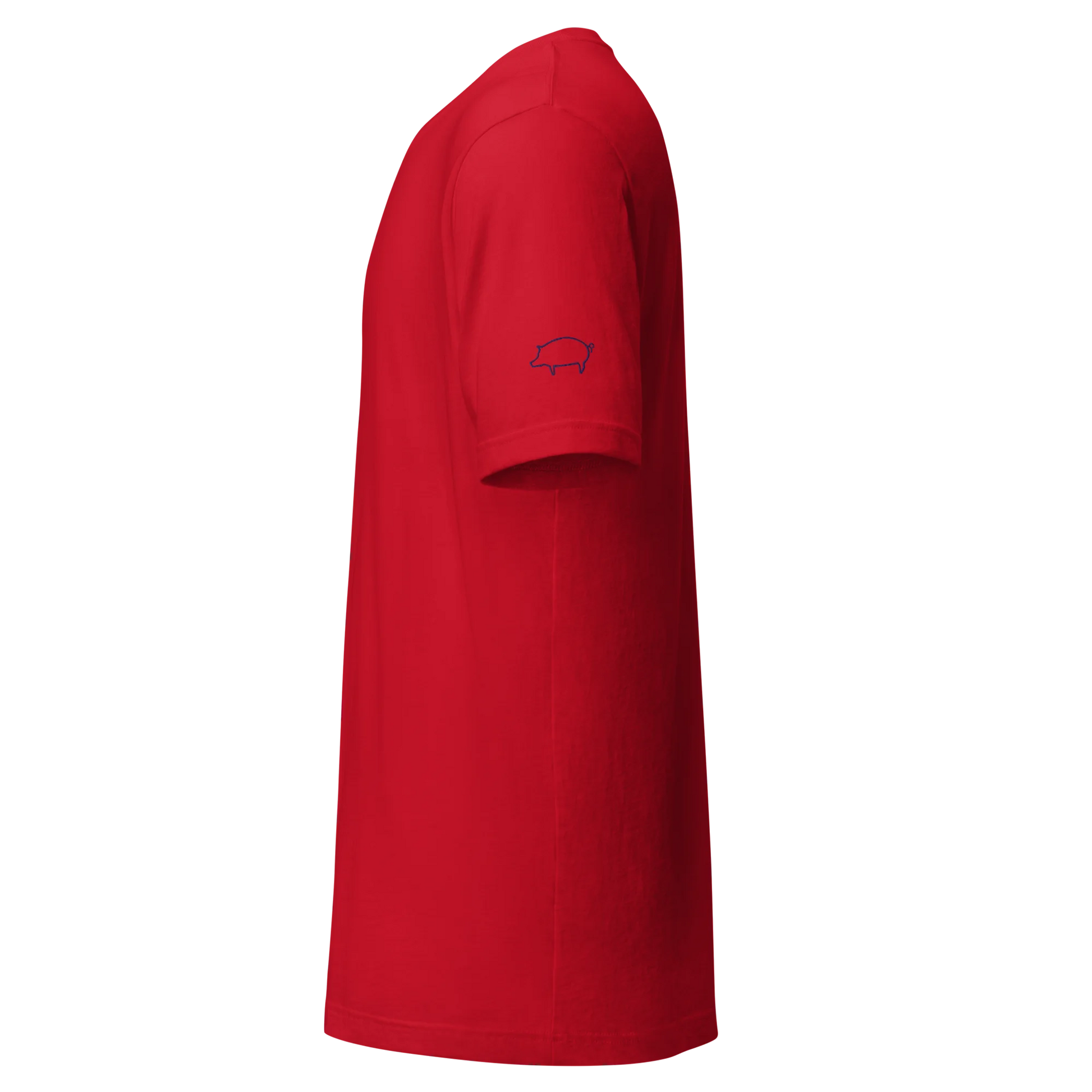 Made from soft, lightweight 100% Airlume combed and ring-spun cotton with just the right amount of stretch. Fabric weight: 4.2 oz/yd² (142 g/m²). Designed with a regular fit, standard length, side-seamed construction, shoulder-to-shoulder taping, pre-shrunk fabric, and a tear-away label. Finished with navy pig silhouette embroidery on the left sleeve.