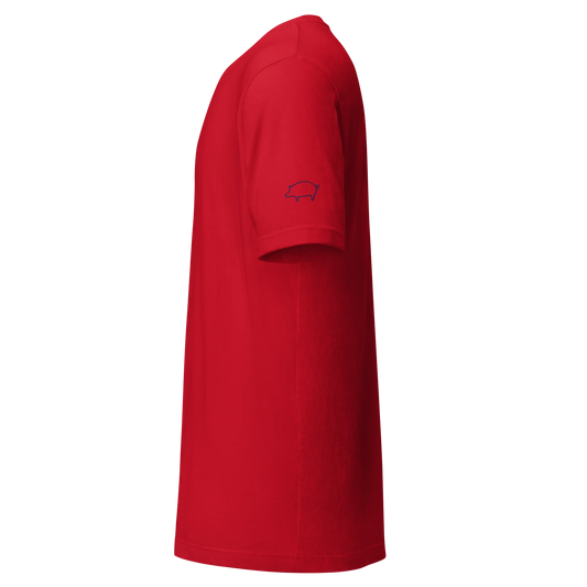 Made from soft, lightweight 100% Airlume combed and ring-spun cotton with just the right amount of stretch. Fabric weight: 4.2 oz/yd² (142 g/m²). Designed with a regular fit, standard length, side-seamed construction, shoulder-to-shoulder taping, pre-shrunk fabric, and a tear-away label. Finished with navy pig silhouette embroidery on the left sleeve.