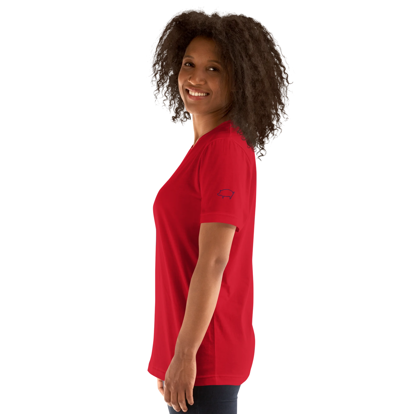 Made from soft, lightweight 100% Airlume combed and ring-spun cotton with just the right amount of stretch. Fabric weight: 4.2 oz/yd² (142 g/m²). Designed with a regular fit, standard length, side-seamed construction, shoulder-to-shoulder taping, pre-shrunk fabric, and a tear-away label. Finished with navy pig silhouette embroidery on the left sleeve.
