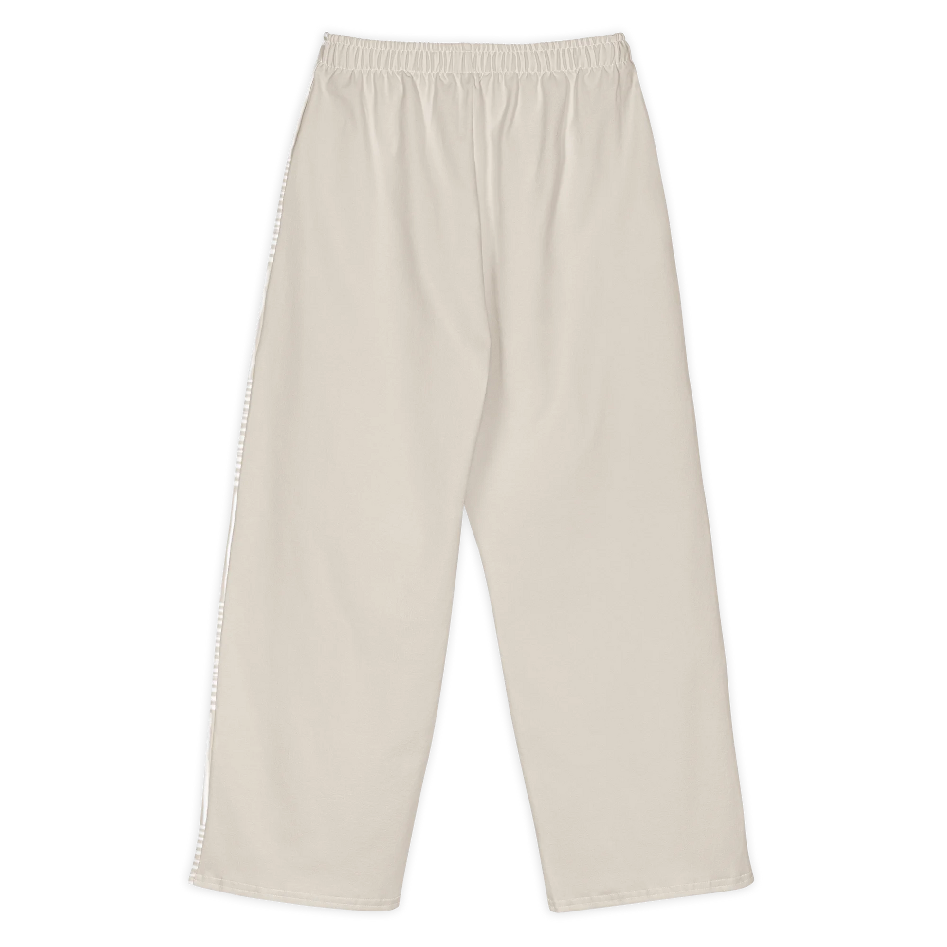 Made from 95% cotton and 5% elastane with a substantial fabric weight of 8.85 oz/yd² (300 g/m²). Designed with a relaxed unisex fit, wide legs, an elasticated waistband, and a medium-soft heavyweight feel. The front panels feature a warm ivory and white linear print, while the back remains solid warm ivory.