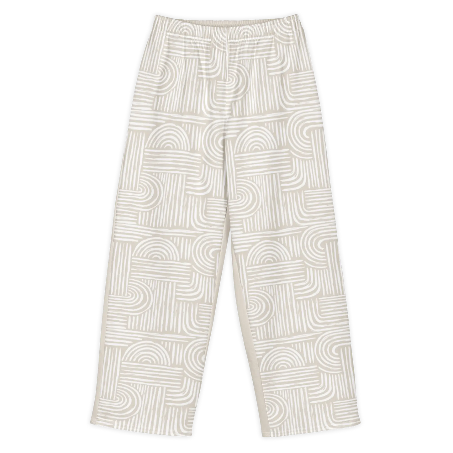 Made from 95% cotton and 5% elastane with a substantial fabric weight of 8.85 oz/yd² (300 g/m²). Designed with a relaxed unisex fit, wide legs, an elasticated waistband, and a medium-soft heavyweight feel. The front panels feature a warm ivory and white linear print, while the back remains solid warm ivory.