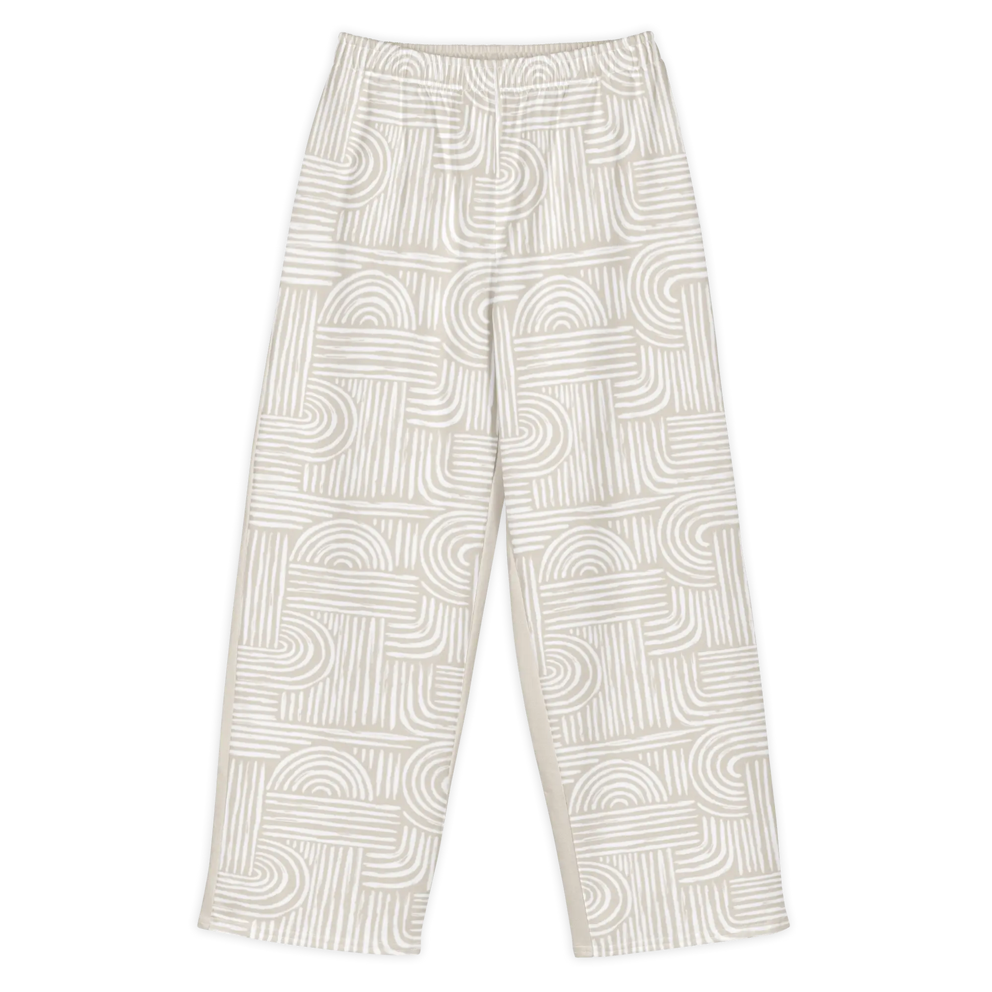 Made from 95% cotton and 5% elastane with a substantial fabric weight of 8.85 oz/yd² (300 g/m²). Designed with a relaxed unisex fit, wide legs, an elasticated waistband, and a medium-soft heavyweight feel. The front panels feature a warm ivory and white linear print, while the back remains solid warm ivory.
