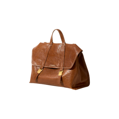 Brown leather bag with gold accents on a white background
