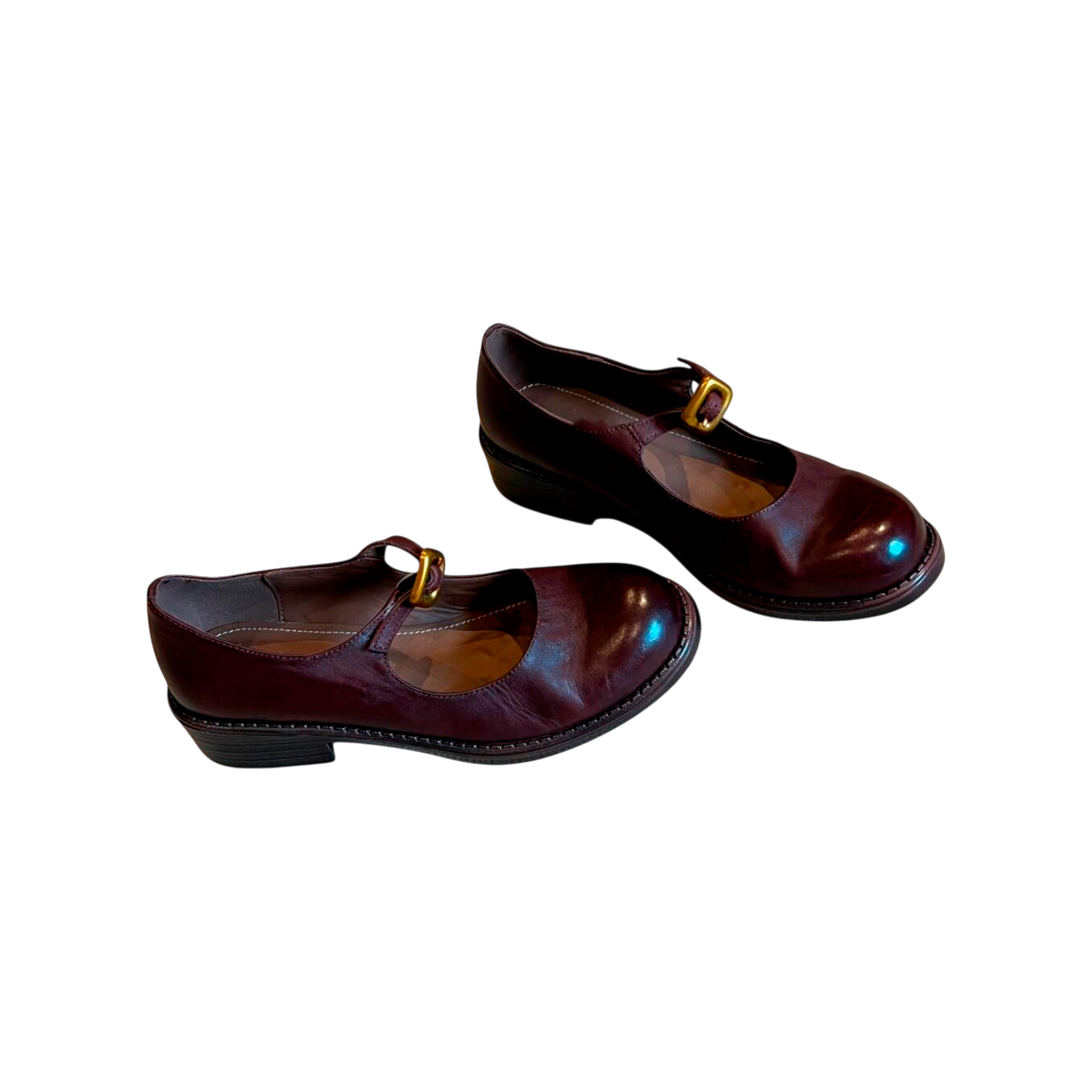 Pair of brown leather shoes with gold buckles on a white background