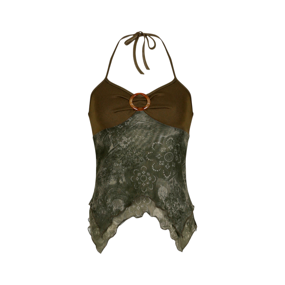 Brown halter top with floral patterned skirt on a white background