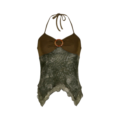 Brown halter top with floral patterned skirt on a white background