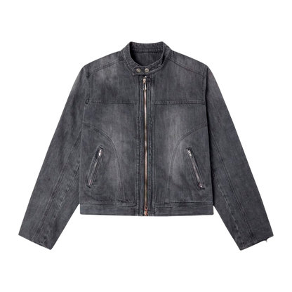 Gray denim jacket with zippers on a white background