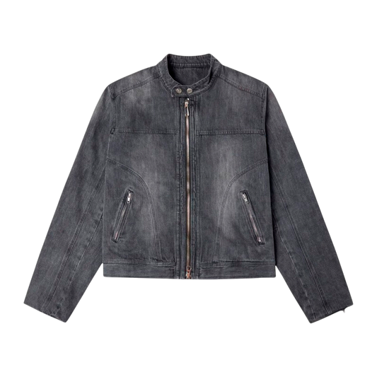 Gray denim jacket with zippers on a white background