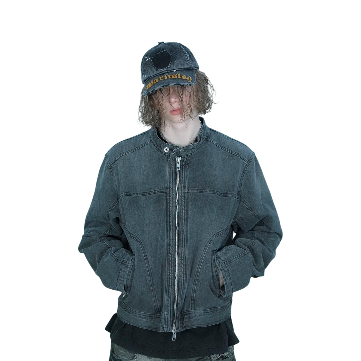 Washed Black Stand-Collar Denim Jacket-Le Couture Store