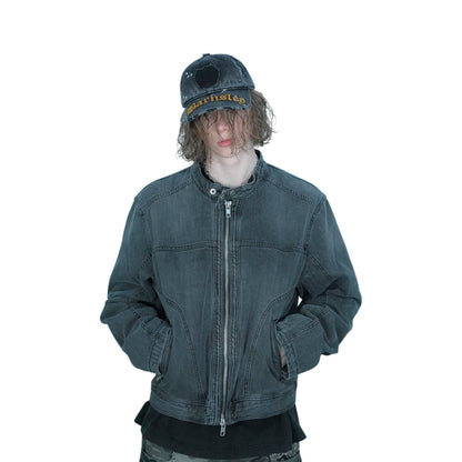 Washed Black Stand-Collar Denim Jacket-Le Couture Store