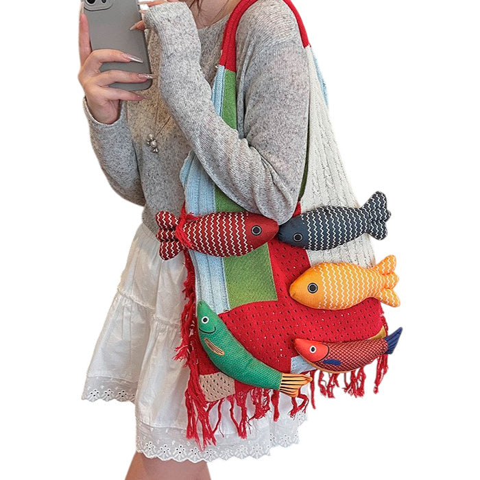 Fish Appliqué Woven Shoulder Bag-Le Couture Store