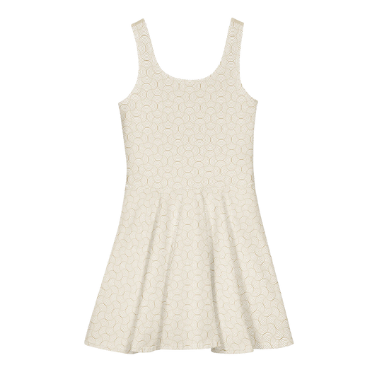 Made from a heavyweight cotton-spandex blend: 95% cotton and 5% elastane. Fabric weight: 8.85 oz/yd² (300 g/m²). Designed with a fitted sleeveless top, scoop neckline, mid-thigh flared skirt, overlock seams, and coverstitch hemline. Finished with an all-over soft gold arc-lattice print on a beige base.