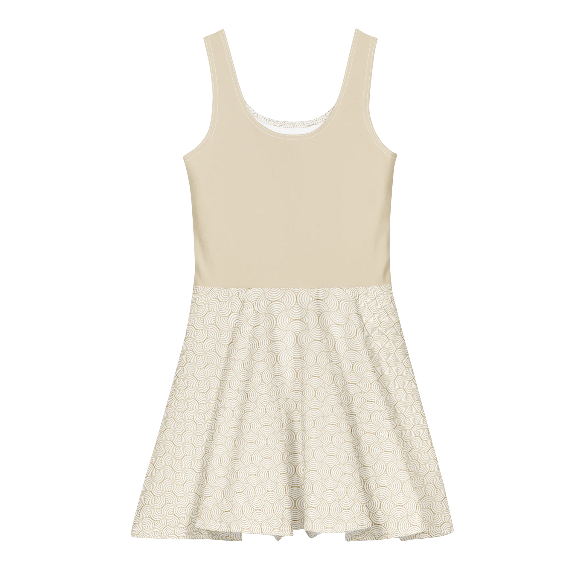 Made from a heavyweight cotton-spandex blend: 95% cotton and 5% elastane. Fabric weight: 8.85 oz/yd² (300 g/m²). Designed with a fitted sleeveless top, scoop neckline, mid-thigh flared skirt, overlock seams, and coverstitch hemline. Finished with an all-over cotton print featuring a soft gold arc-lattice pattern on a beige base, plus a custom inside label.