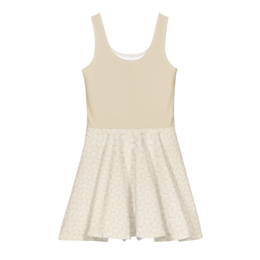 Made from a heavyweight cotton-spandex blend: 95% cotton and 5% elastane. Fabric weight: 8.85 oz/yd² (300 g/m²). Designed with a fitted sleeveless top, scoop neckline, mid-thigh flared skirt, overlock seams, and coverstitch hemline. Finished with an all-over cotton print featuring a soft gold arc-lattice pattern on a beige base.