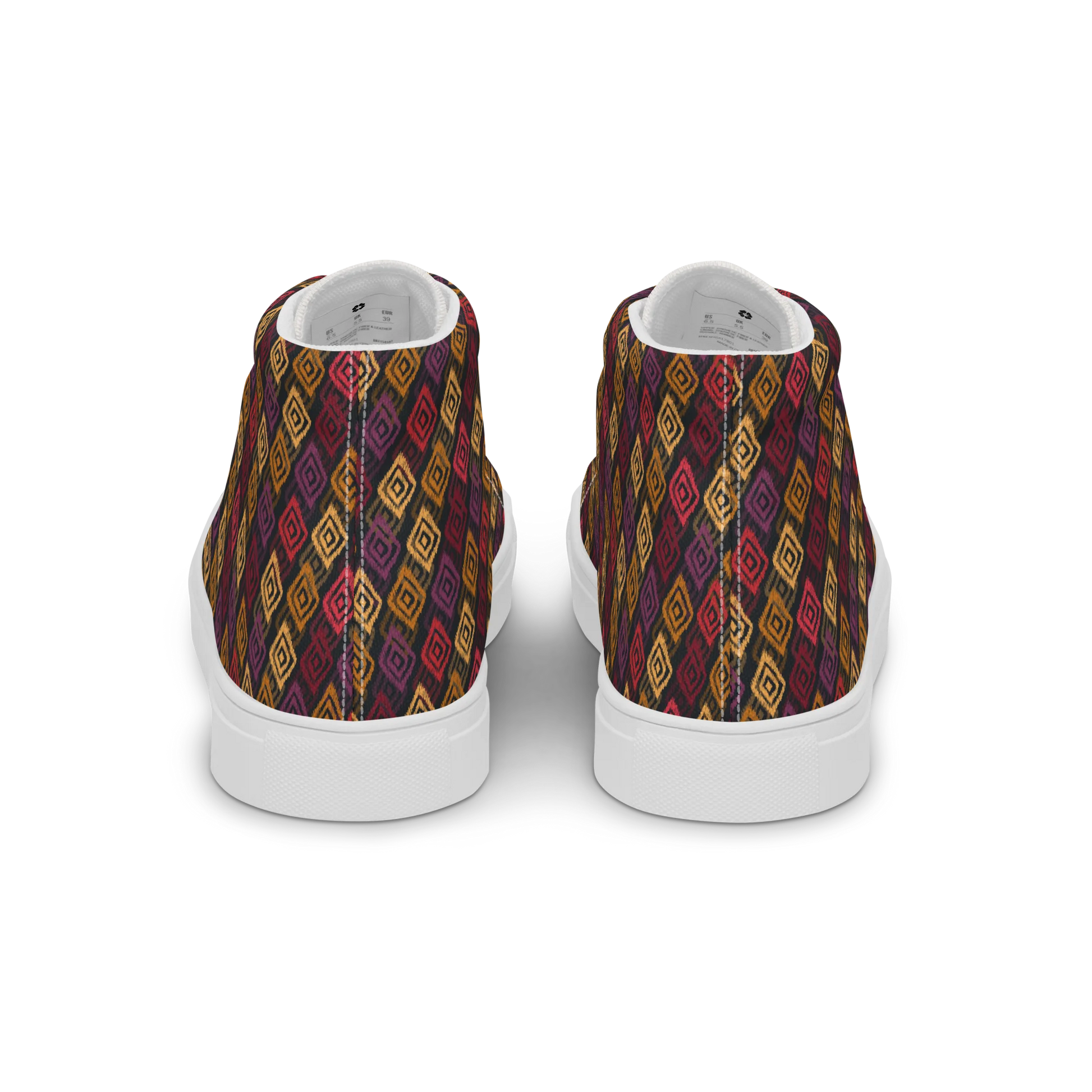 Made with a 100% polyester canvas upper, faux leather toe cap, breathable lining, removable insole, padded collar, lace-up front, and EVA rubber outsole. Designed with white soles and matching white laces. Finished with an all-over multicolor diamond ikat-inspired mosaic sublimation print on the shoe quarters, plus custom branding on the removable insole and inside label.